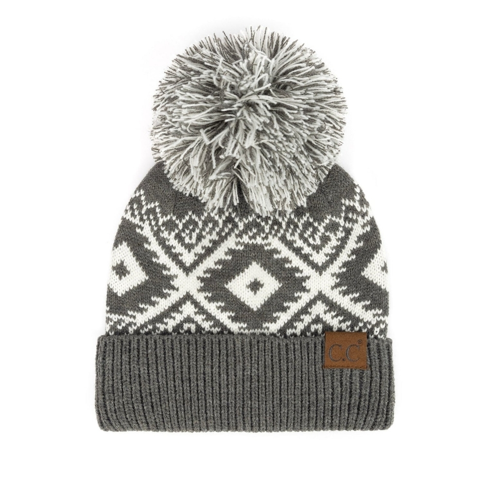 C.C Southwestern Knit Gray And White Beanie Hat With Pouf